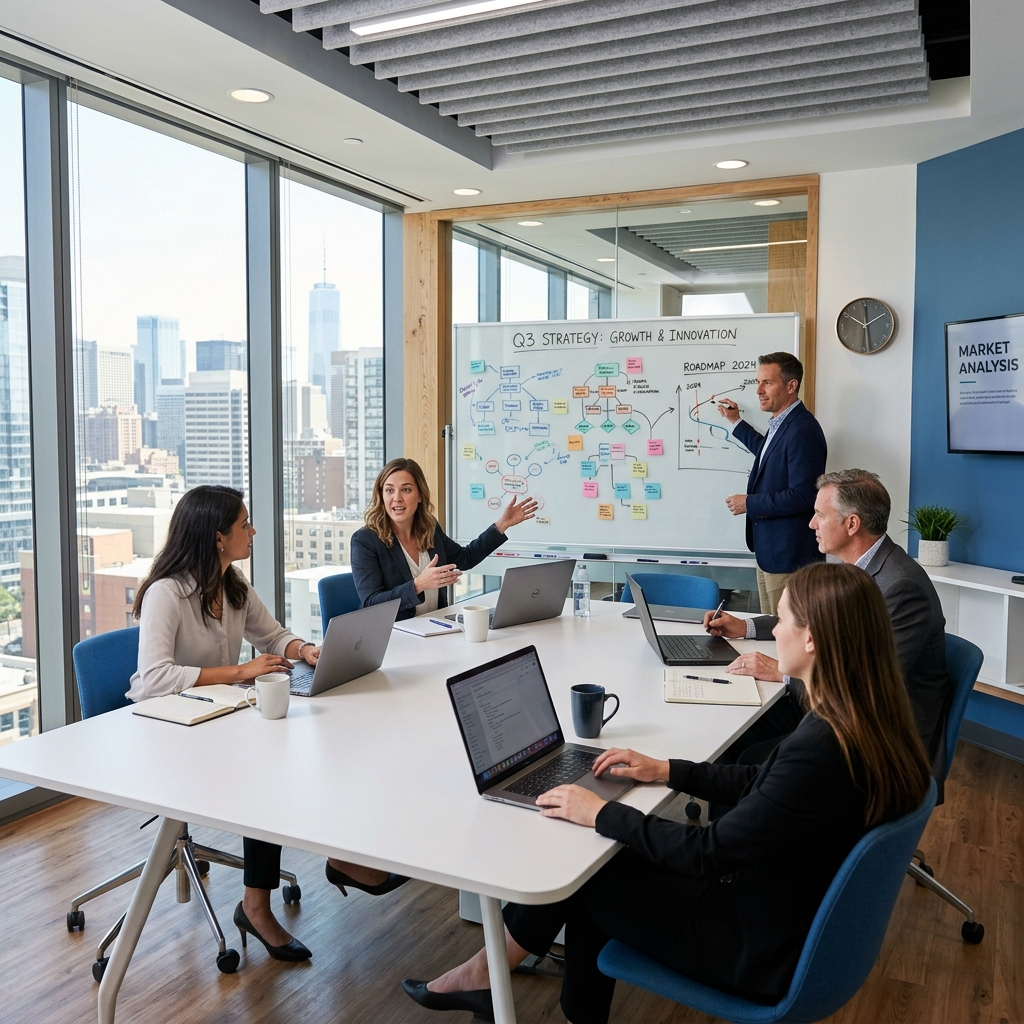 Sesión de estrategia con clientes en sala de reuniones